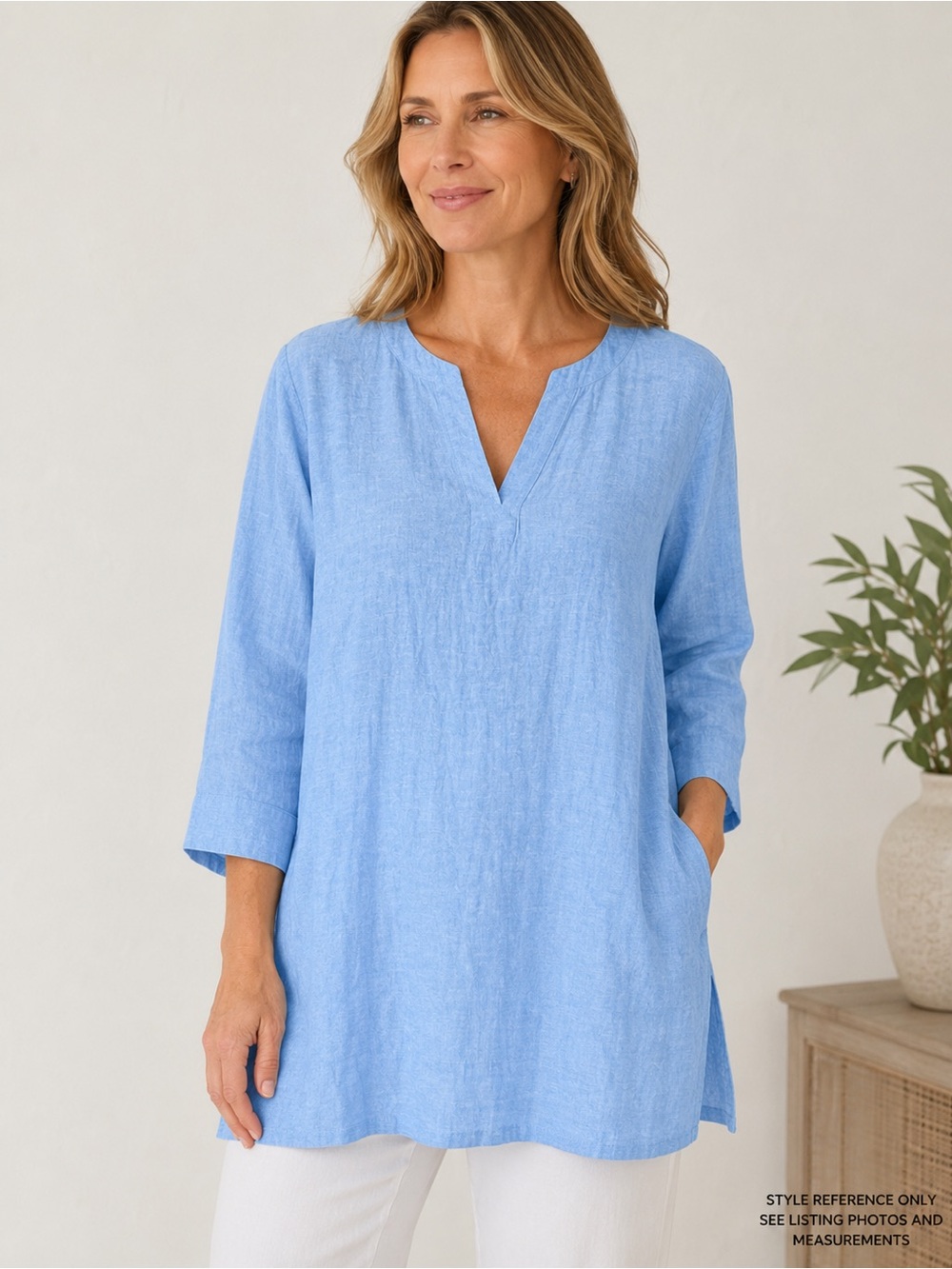 Lands’ End XL Blue Linen Blend Tunic Top Split Neck Pockets